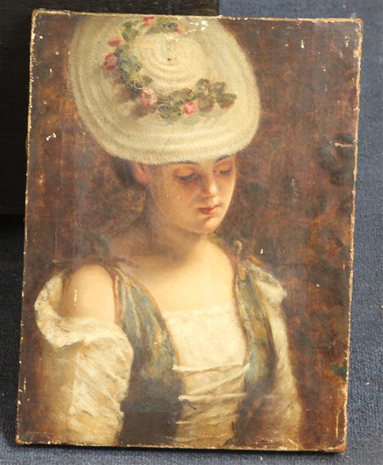 19th century English School Portrait of a pensive young woman with rose decorated bonnet 14 x 10.5in.